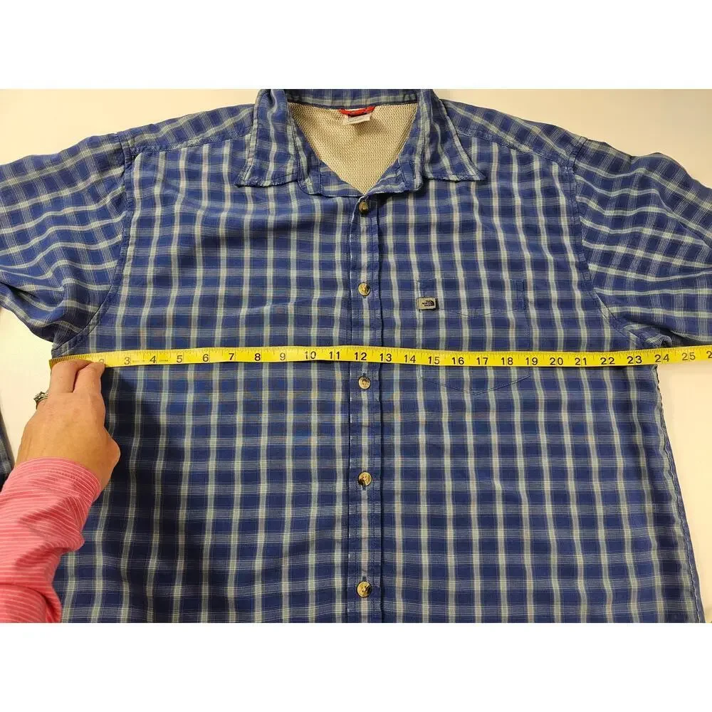 The North Face size L large blue plaid long sleeve performance button up casual^